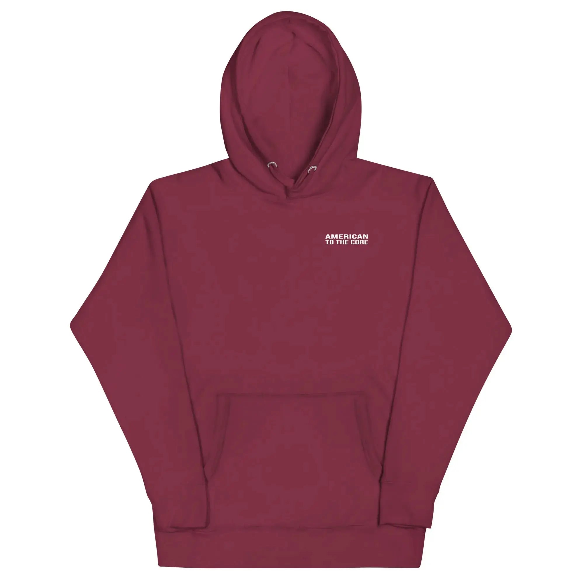 A women's maroon patriotic hoodie with the text "American To The Core."