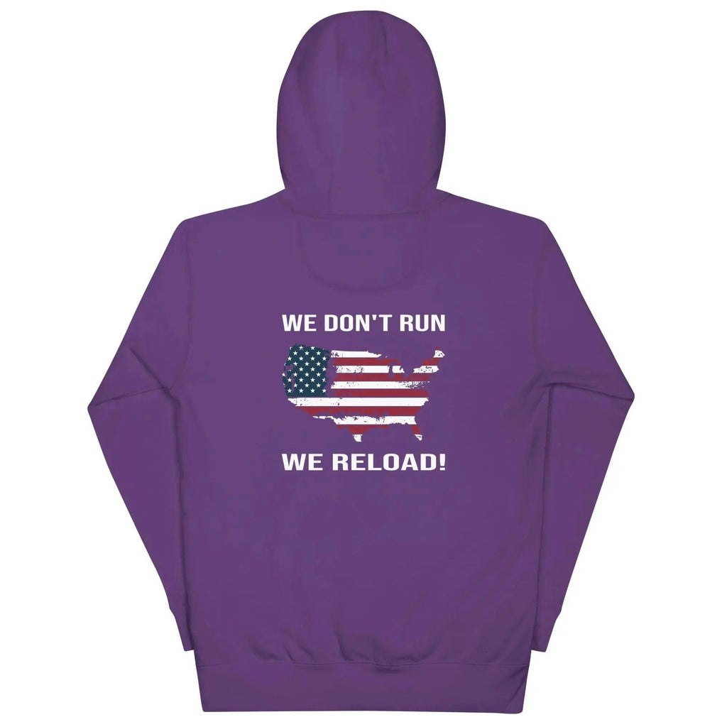 Back of a women's purple patriotic hoodie with the silhouette of America with the flag on it. And the text "We Don't Run, We Reload." 