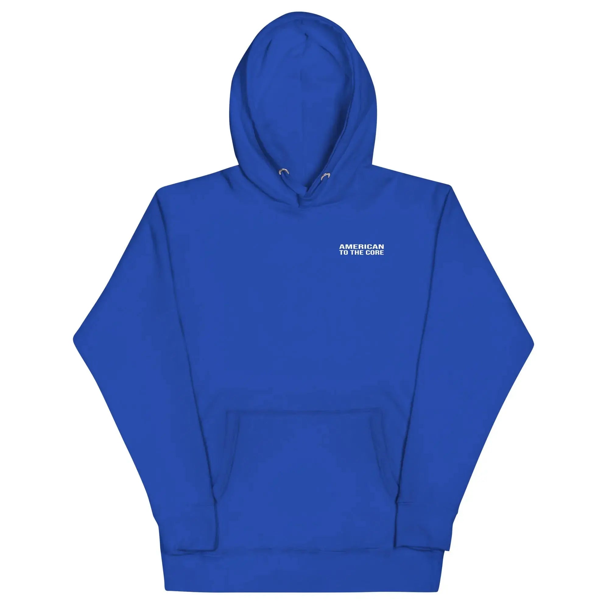 A women's royal blue patriotic hoodie with the text "American To The Core."