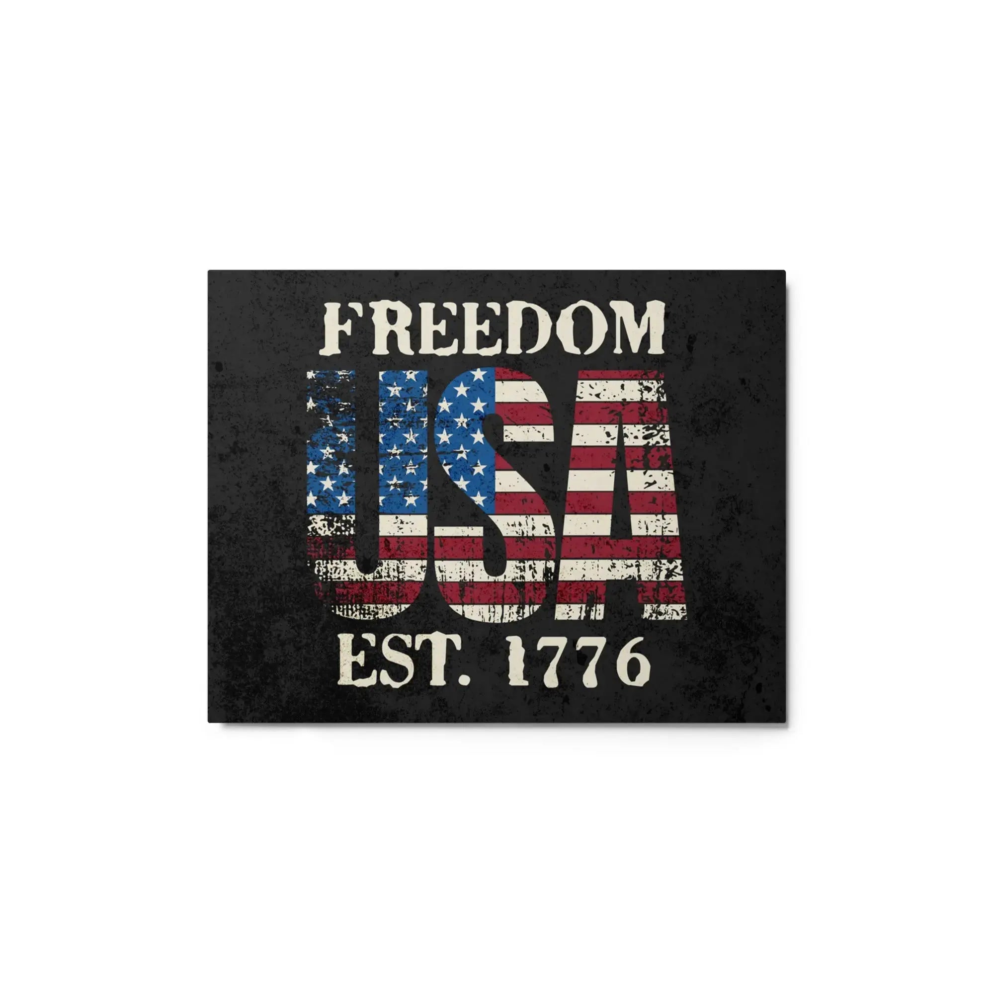 Patriotic metal sign with American flag in the shape of USA and the text " Freedom Est. 1776" 