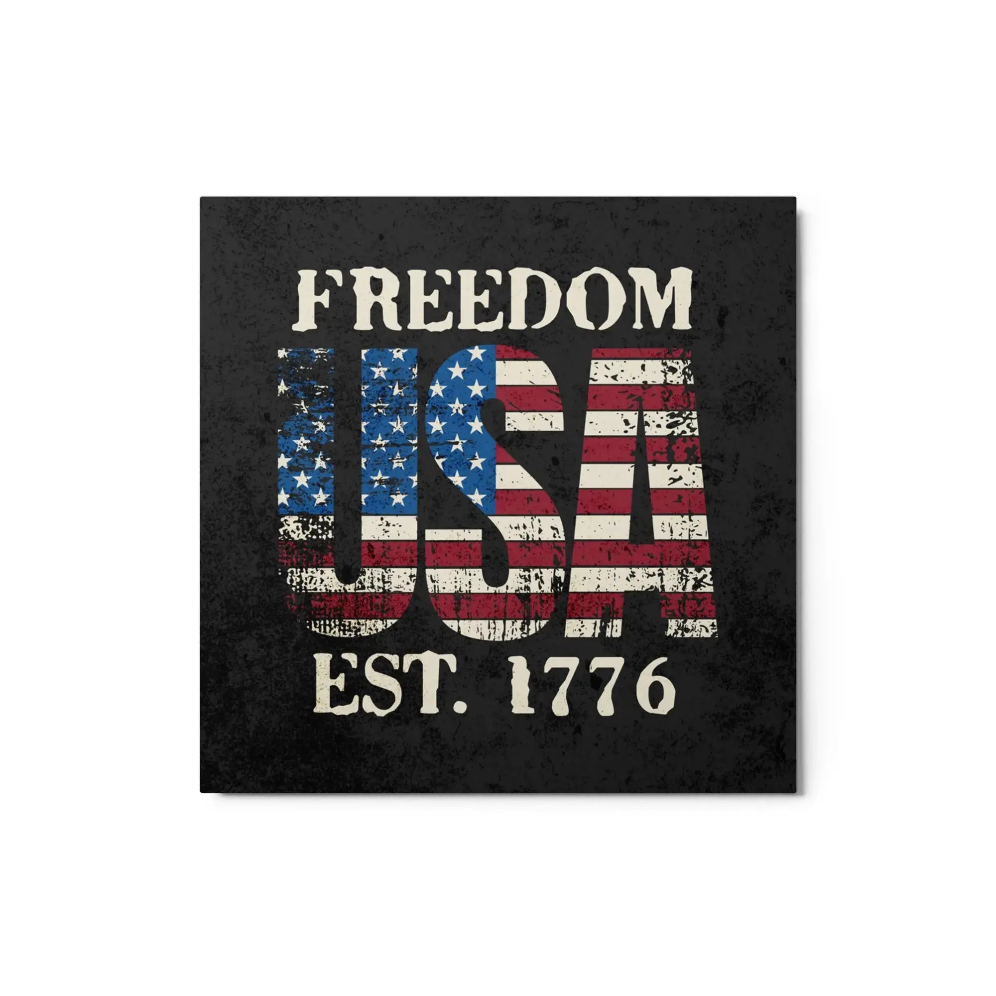 Patriotic metal sign with American flag in the shape of USA and the text " Freedom Est. 1776" 