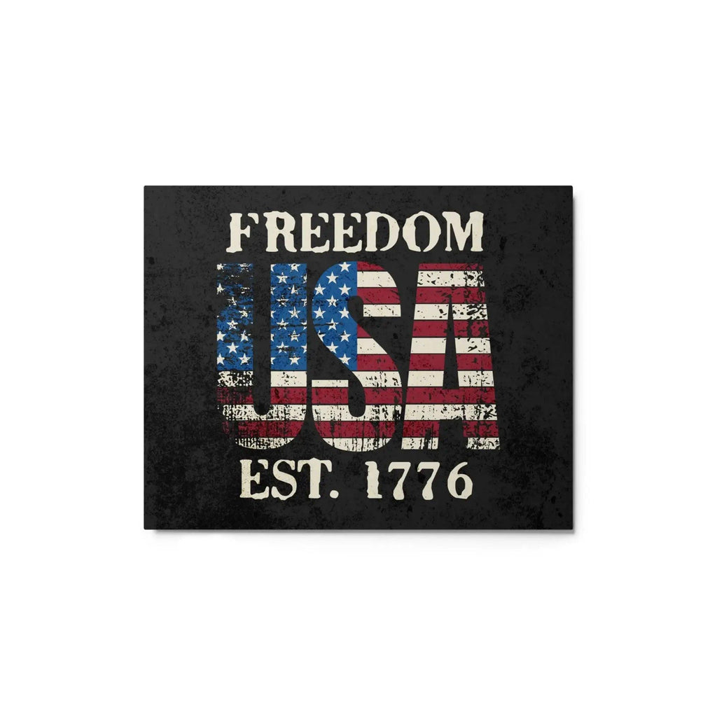 Patriotic metal sign with American flag in the shape of USA and the text " Freedom Est. 1776" 