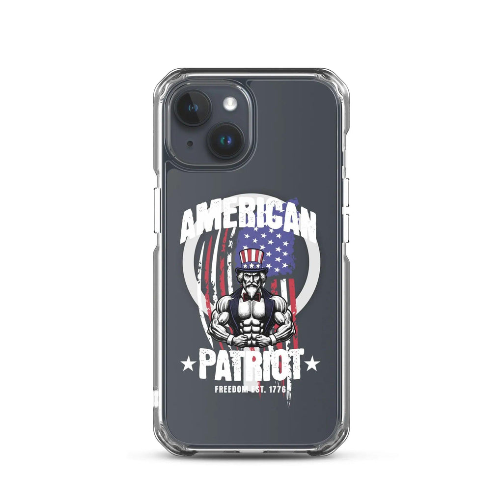 A patriotic iPhone clear case with Uncle Sam flexing and the text "American Patriot"