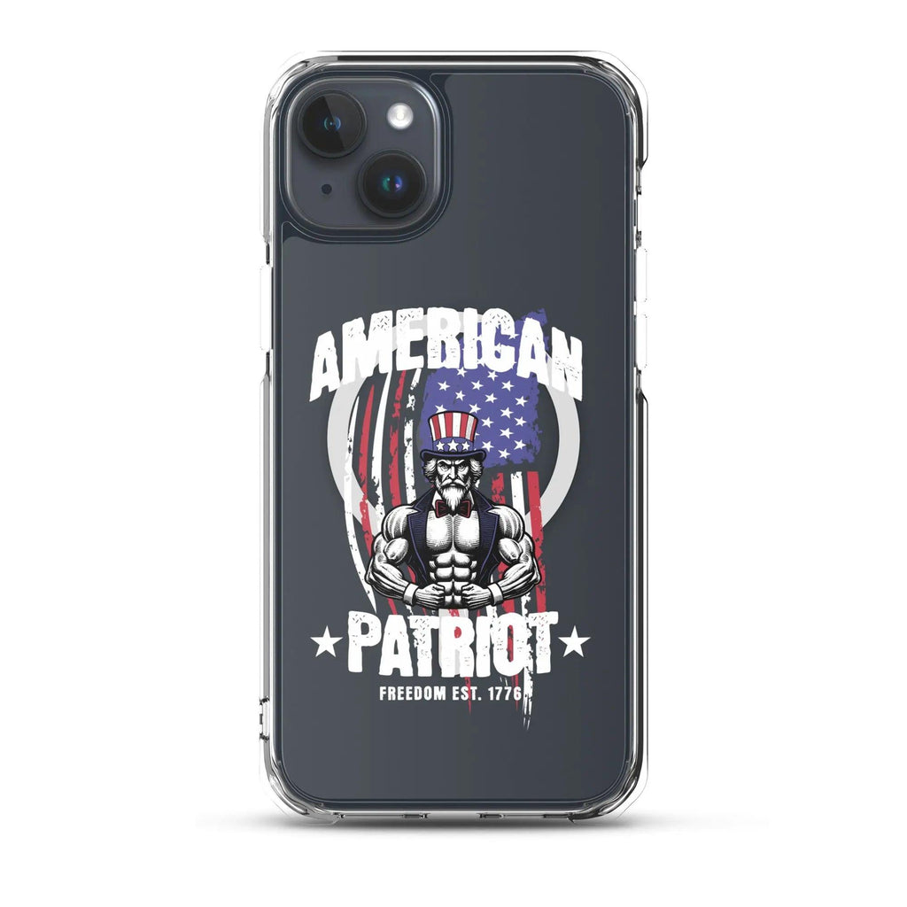 A patriotic iPhone clear case with Uncle Sam flexing and the text "American Patriot"