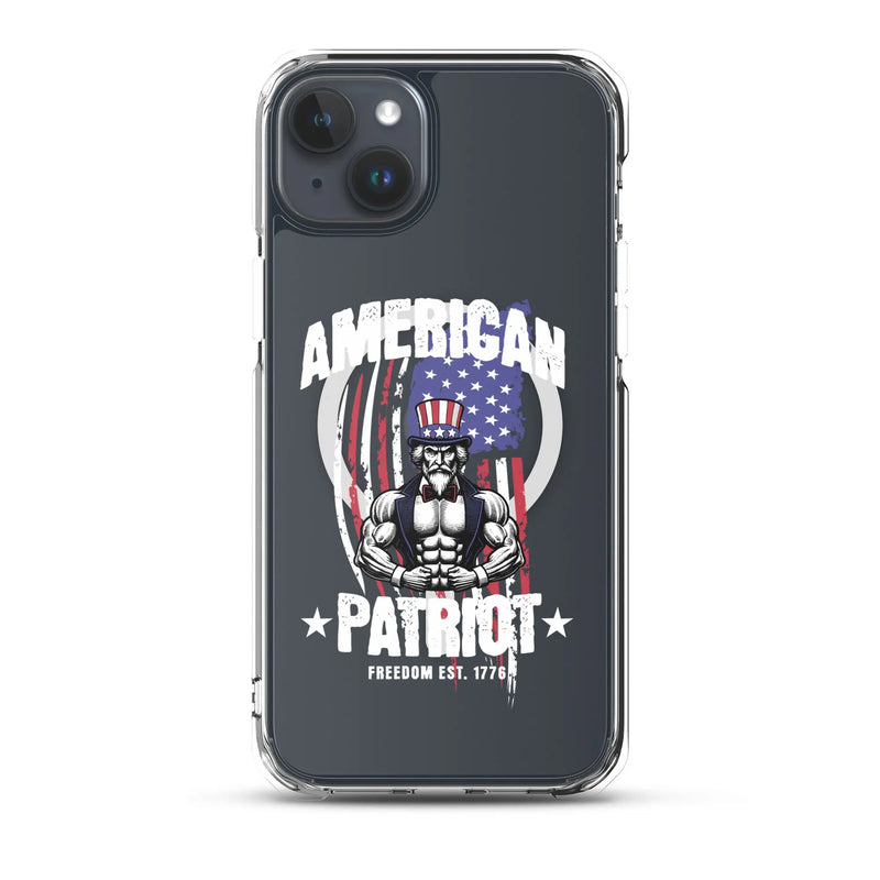 A patriotic iPhone clear case with Uncle Sam flexing and the text "American Patriot"