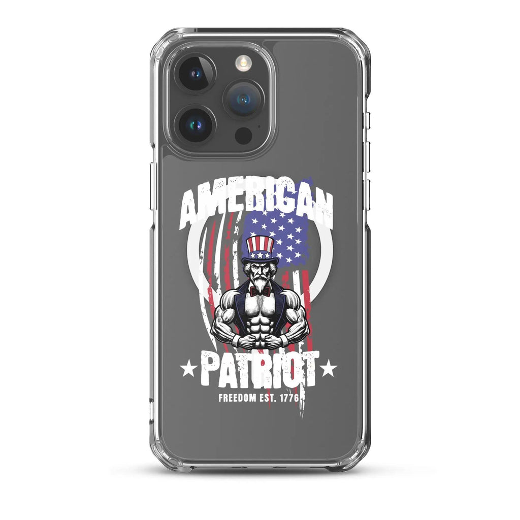 A patriotic iPhone clear case with Uncle Sam flexing and the text "American Patriot"