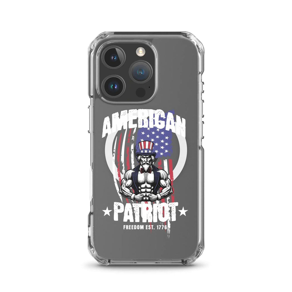 A patriotic iPhone clear case with Uncle Sam flexing and the text "American Patriot"
