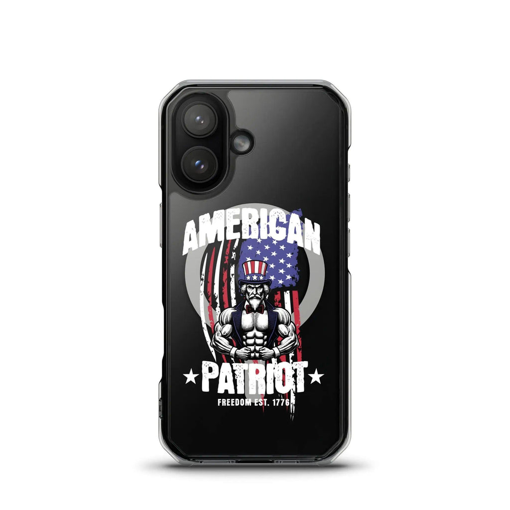 A patriotic iPhone clear case with Uncle Sam flexing and the text "American Patriot"