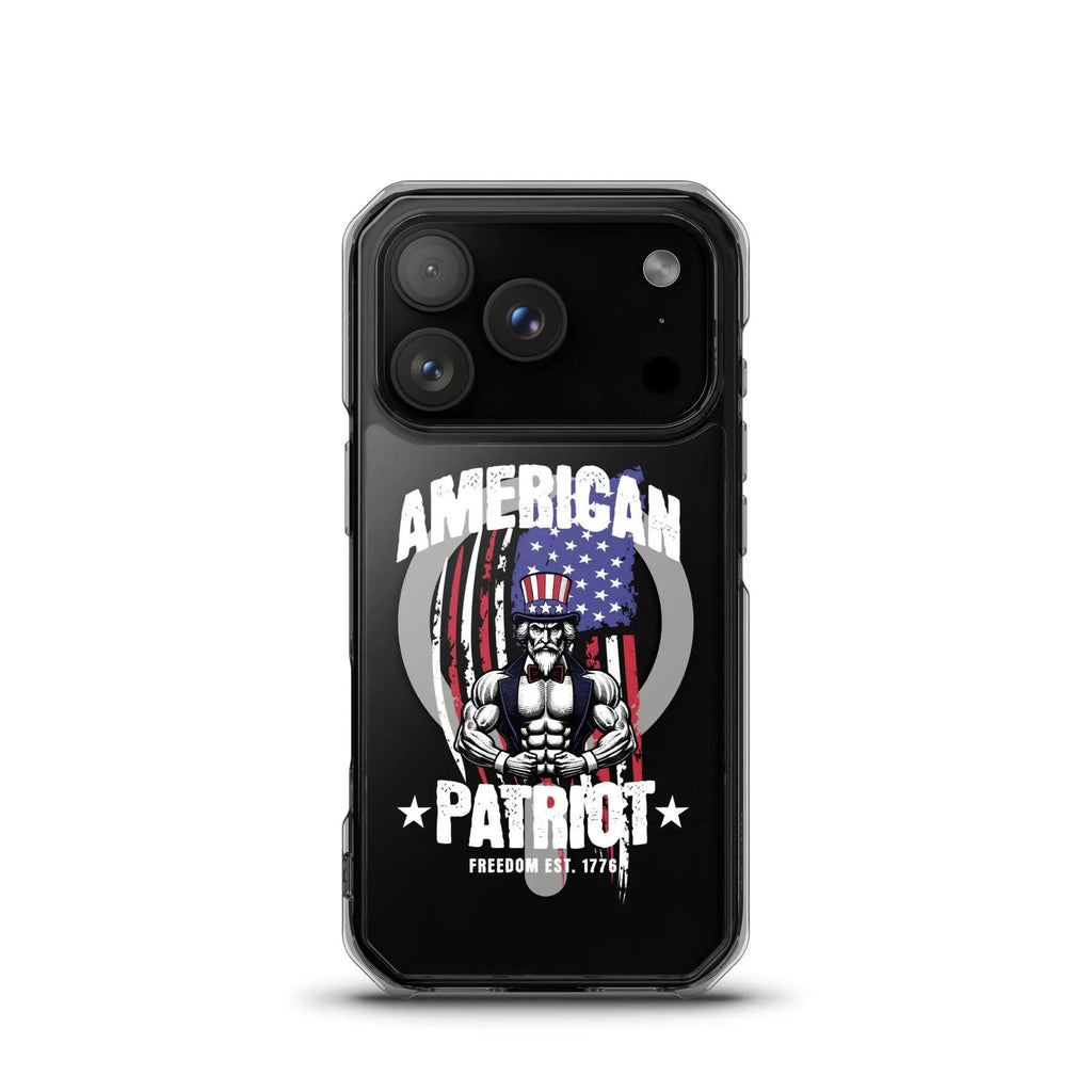 A patriotic iPhone clear case with Uncle Sam flexing and the text "American Patriot"