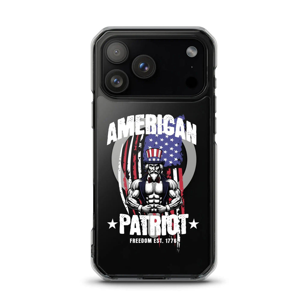 A patriotic iPhone clear case with Uncle Sam flexing and the text "American Patriot"