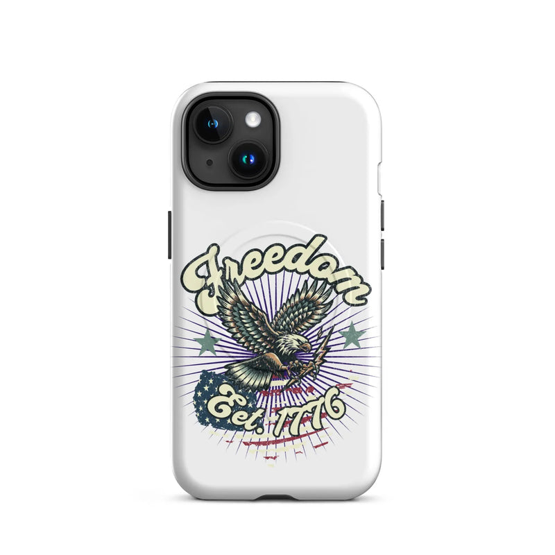 Patriotic iPhone case with flying eagle design and the text 'Freedom est. 1776' 