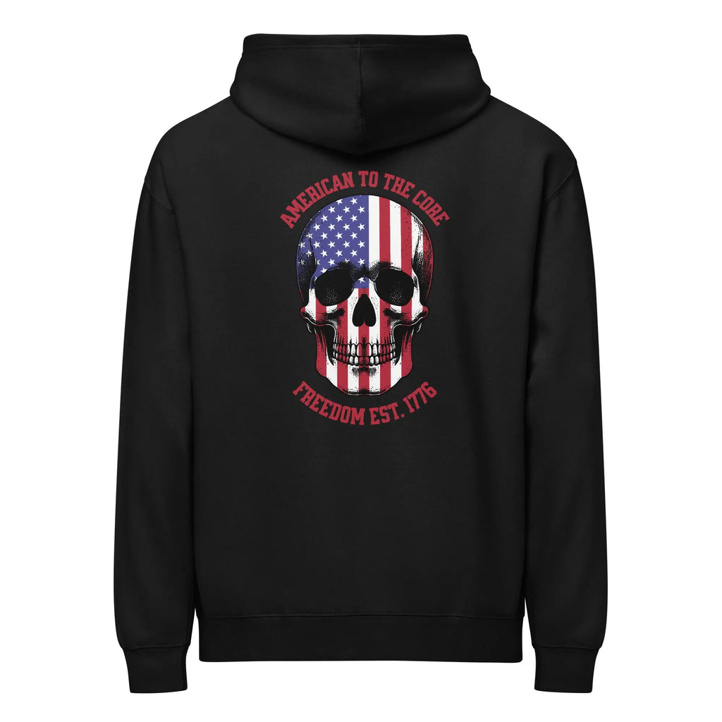Back of a men's black patriotic hoodie with a skull and the text "American to the core. Freedom EST. 1776." 