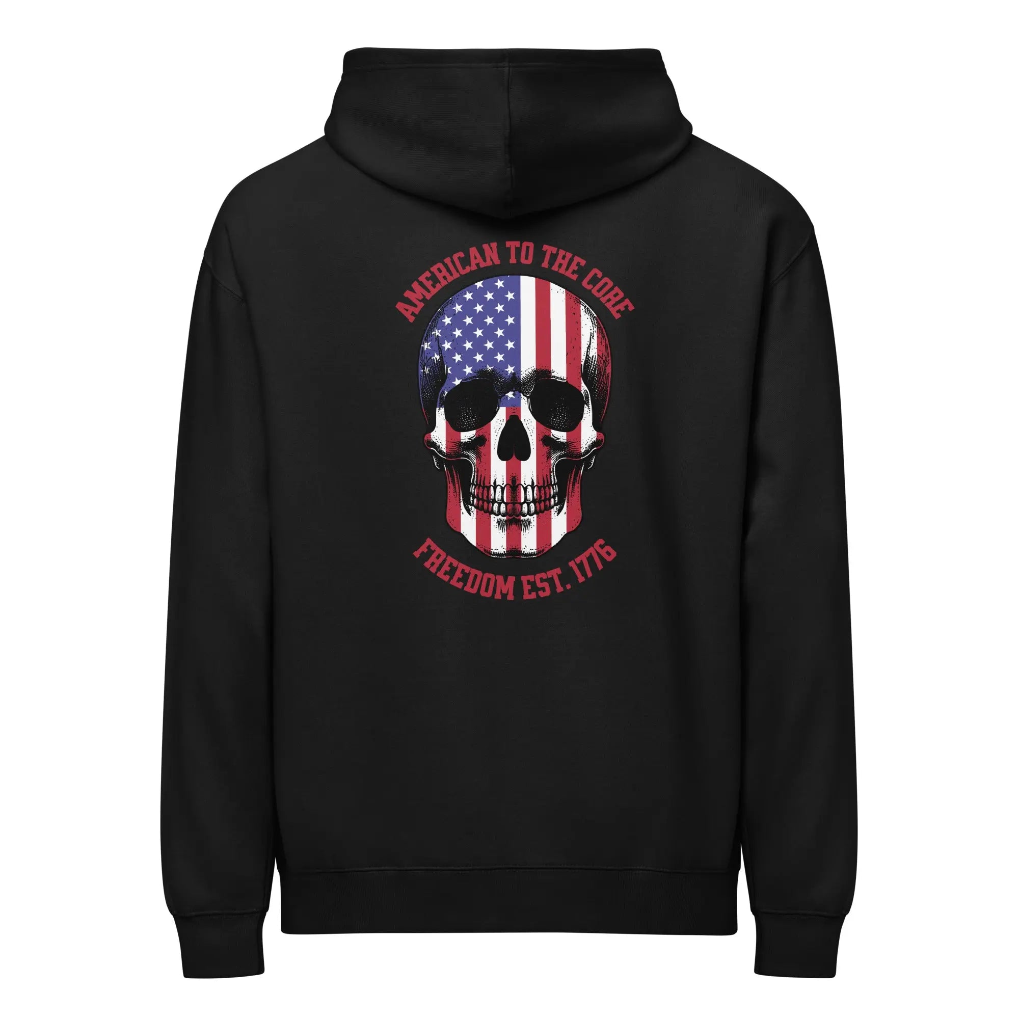 Back of a men's black patriotic hoodie with a skull and the text "American to the core. Freedom EST. 1776." 