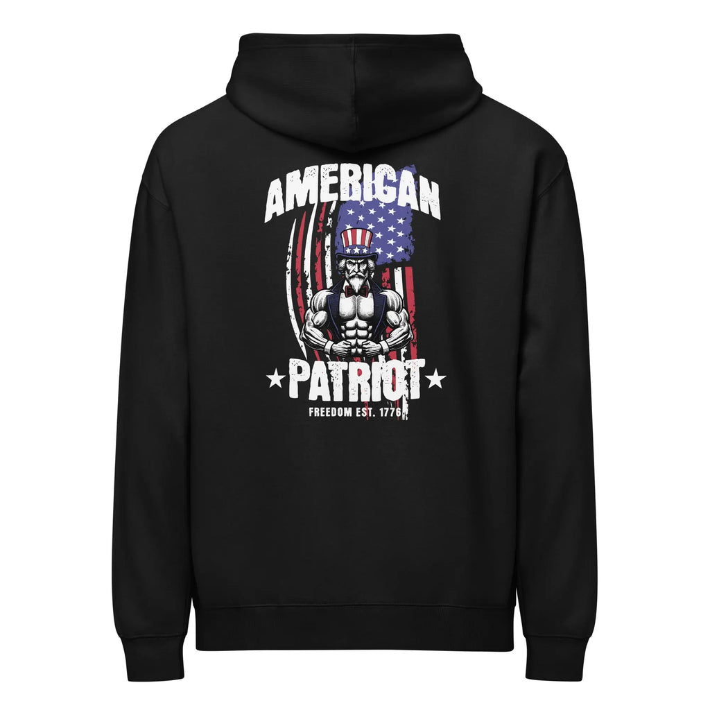 Back of men's black patriotic hoodie with uncle Sam and the text "American patriot" 