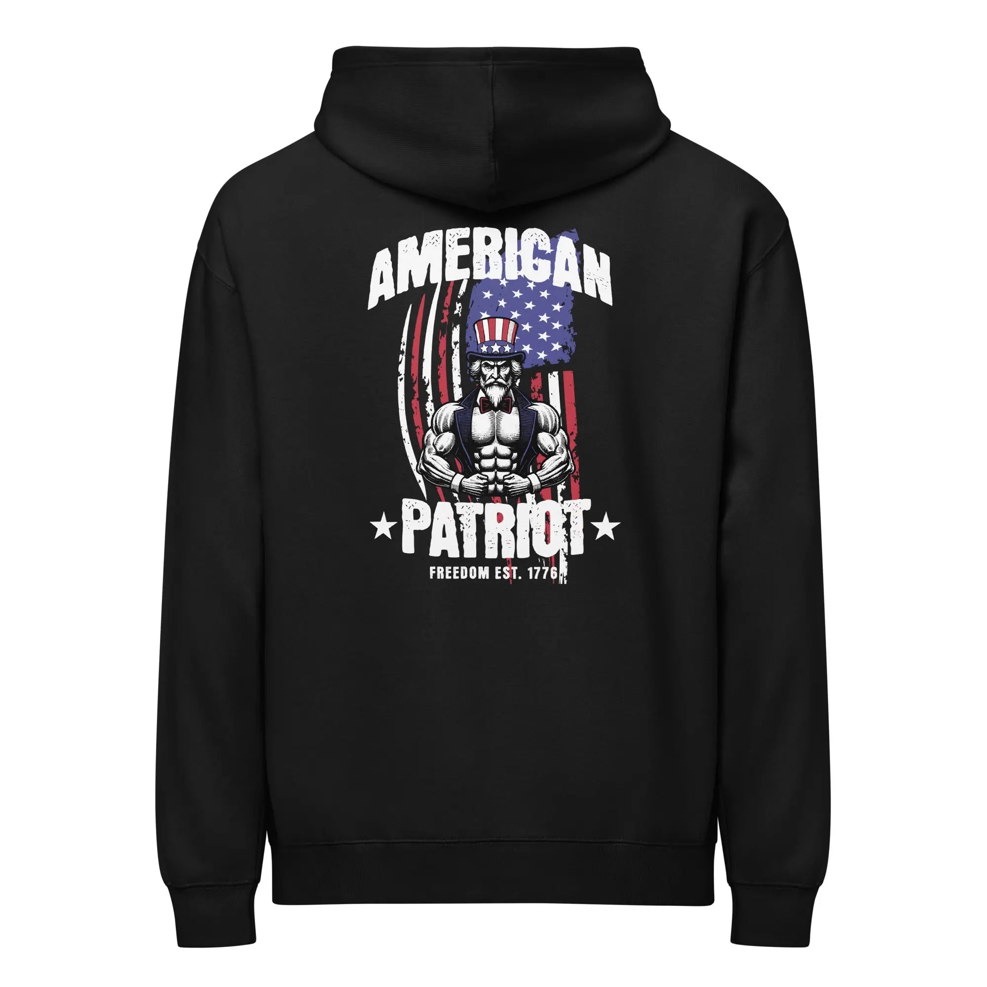 Back of men's black patriotic hoodie with uncle Sam and the text "American patriot" 