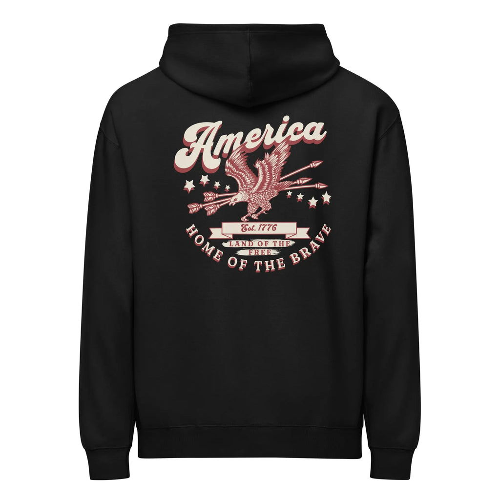 Back of men's black patriotic hoodie with an eagle and the text "America: home of the brave." 