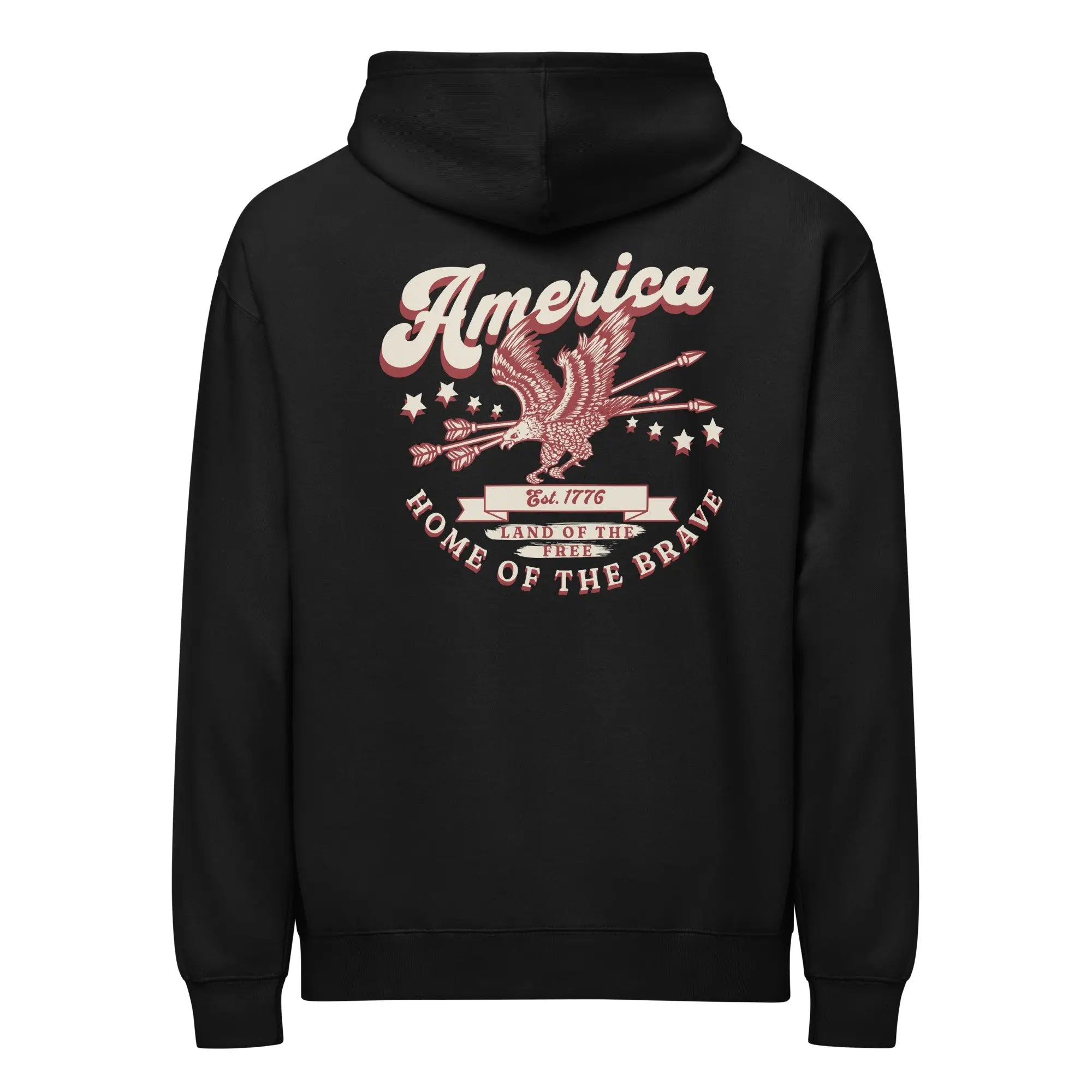 Back of men's black patriotic hoodie with an eagle and the text "America: home of the brave." 