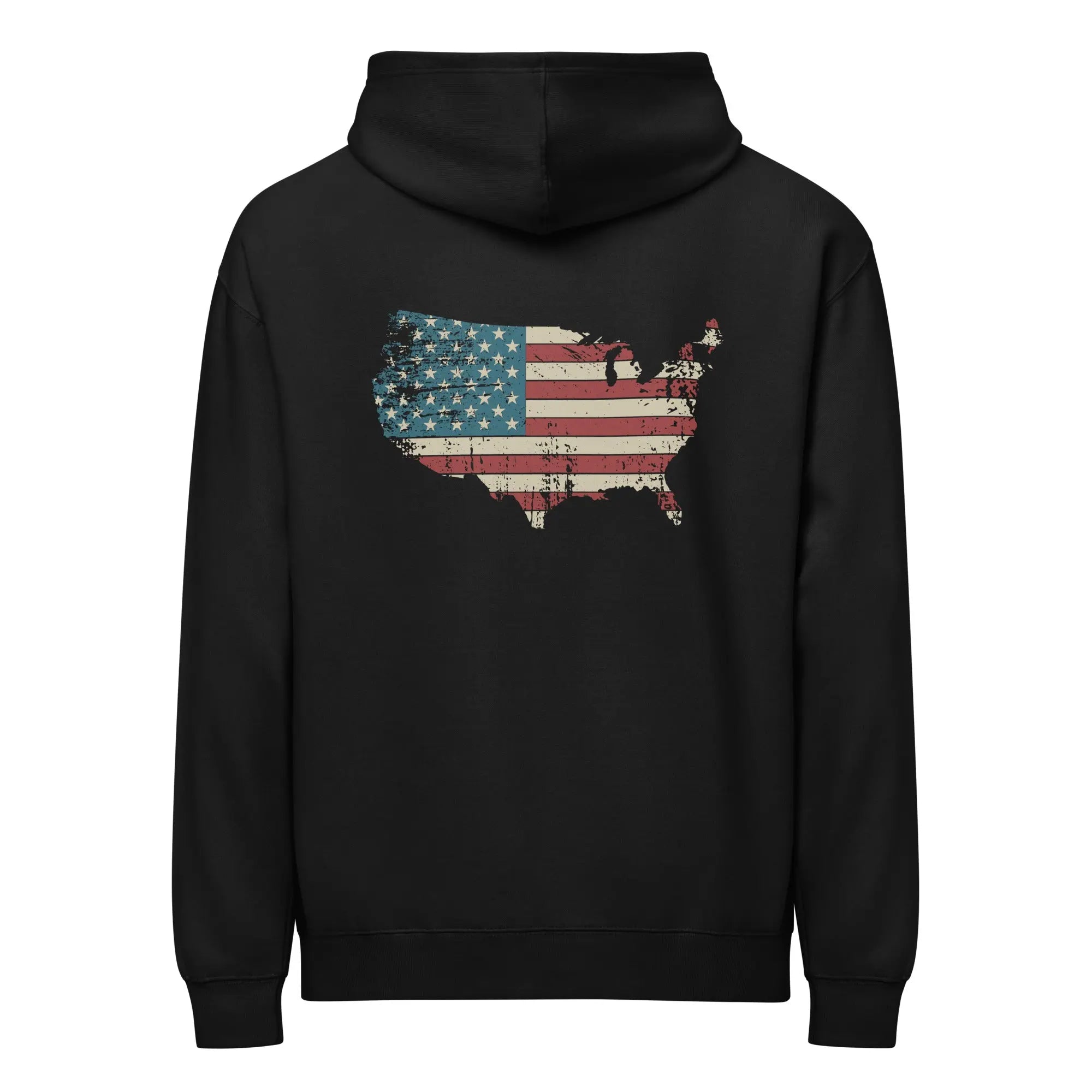 Back of men's black patriotic hoodie with the silhouette of America with the flag in it. 