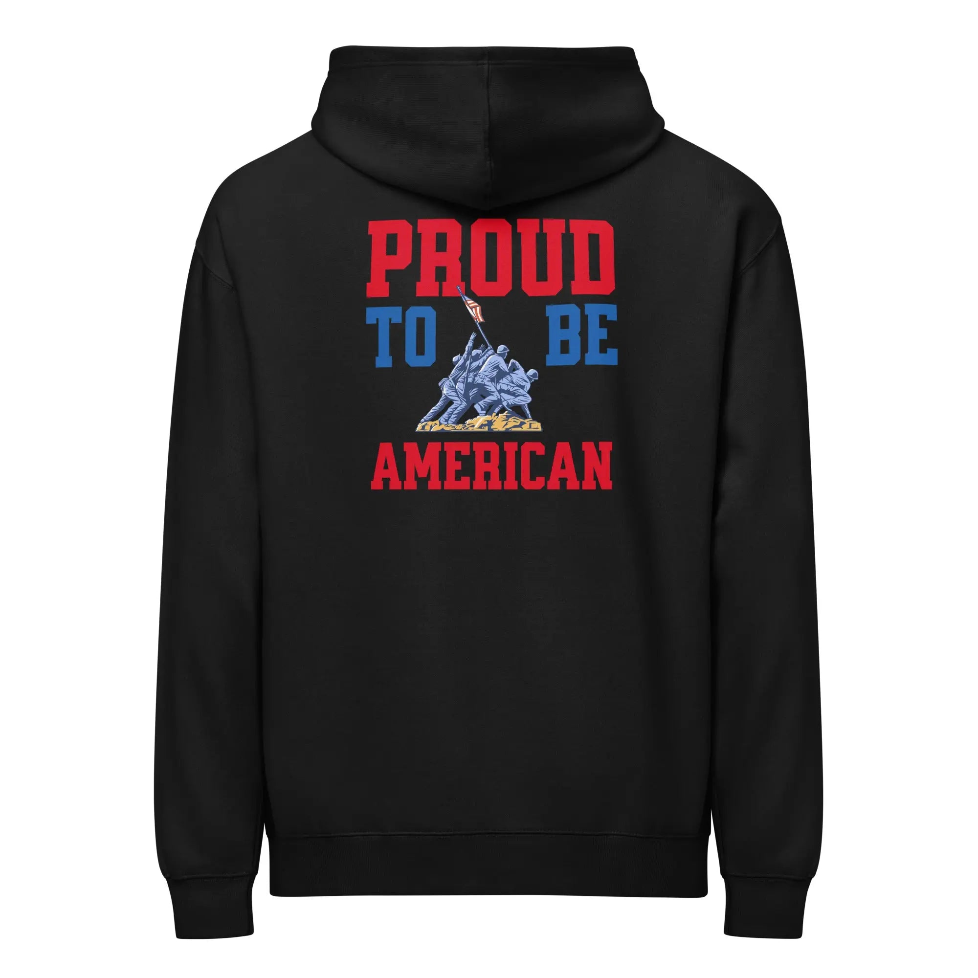 Back of men's black patriotic hoodie with soldiers raising the flag and the text "Home of the free because of the brave." 