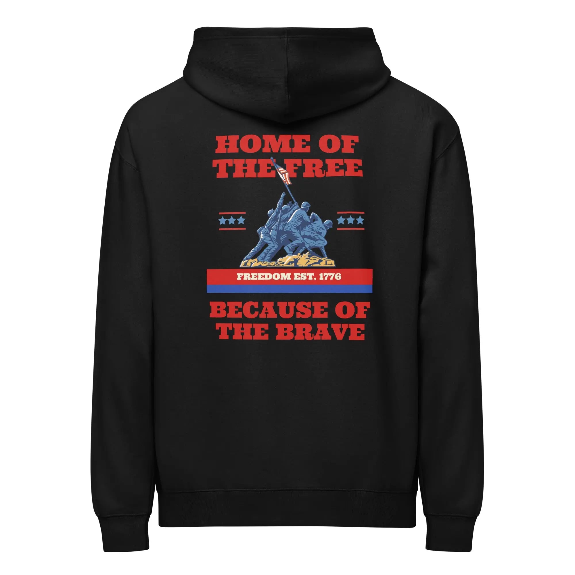 Back of black patriotic hoodie with soldiers raising the flag and "Home of the free because of the brave" text. 