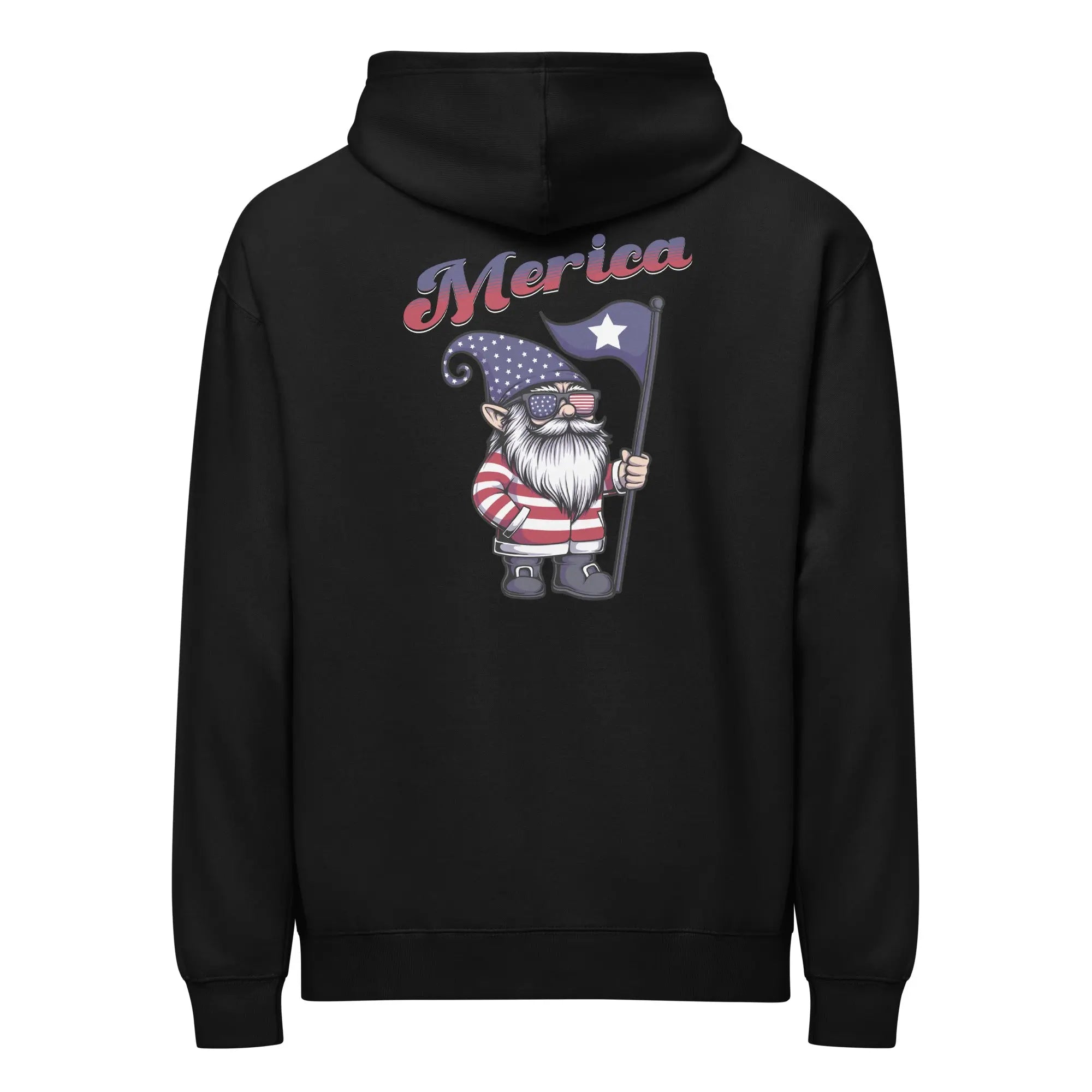 Back of men's black patriotic hoodie with a Gnome and "Merica" text