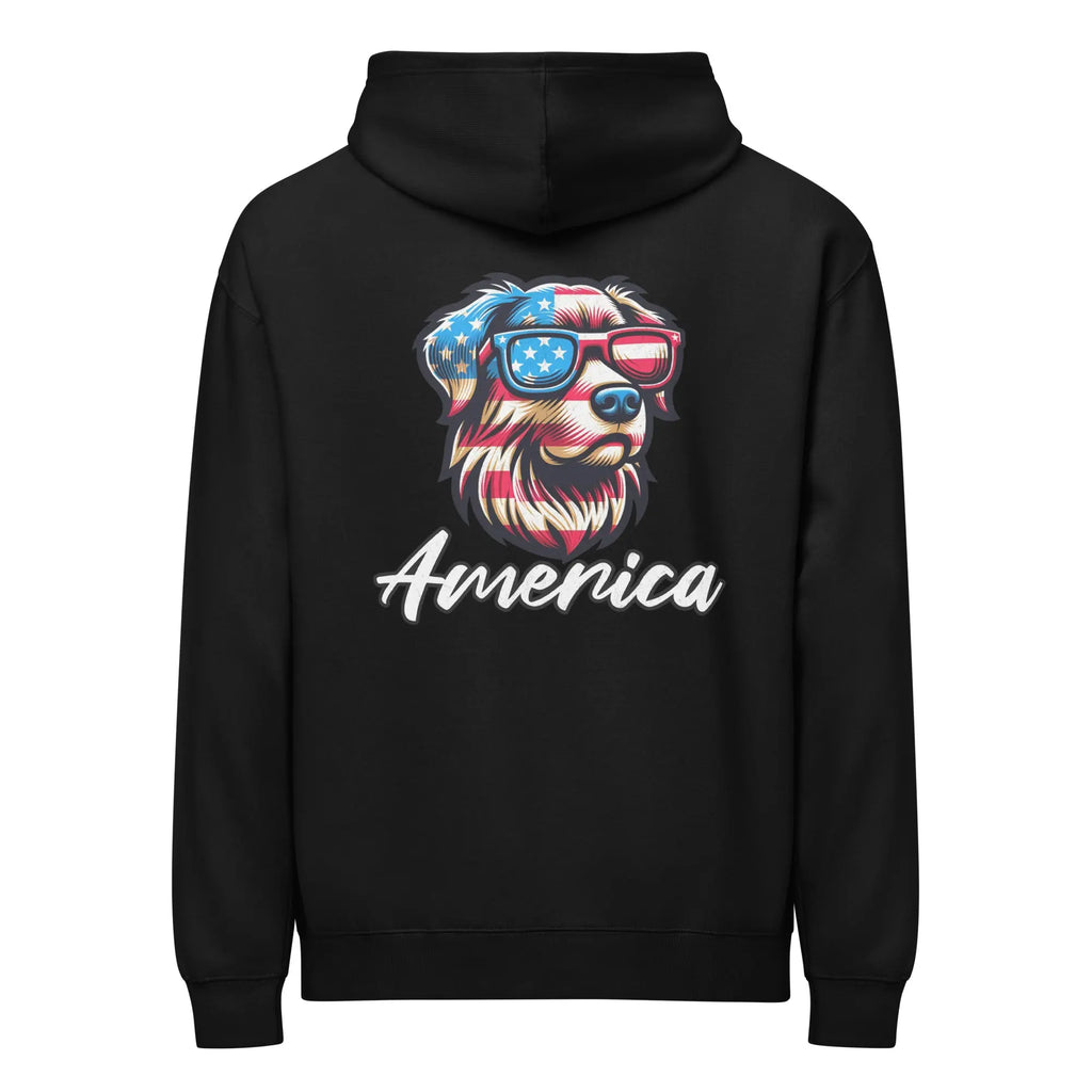 Back of men's black patriotic hoodie with a dog head and "America" text