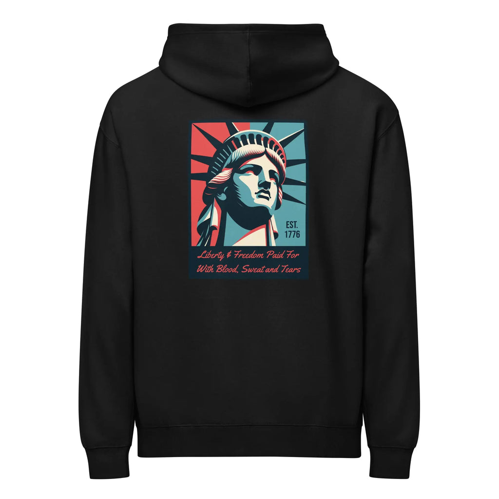 Back of men's black patriotic hoodie with Statue of Liberty with text below. 