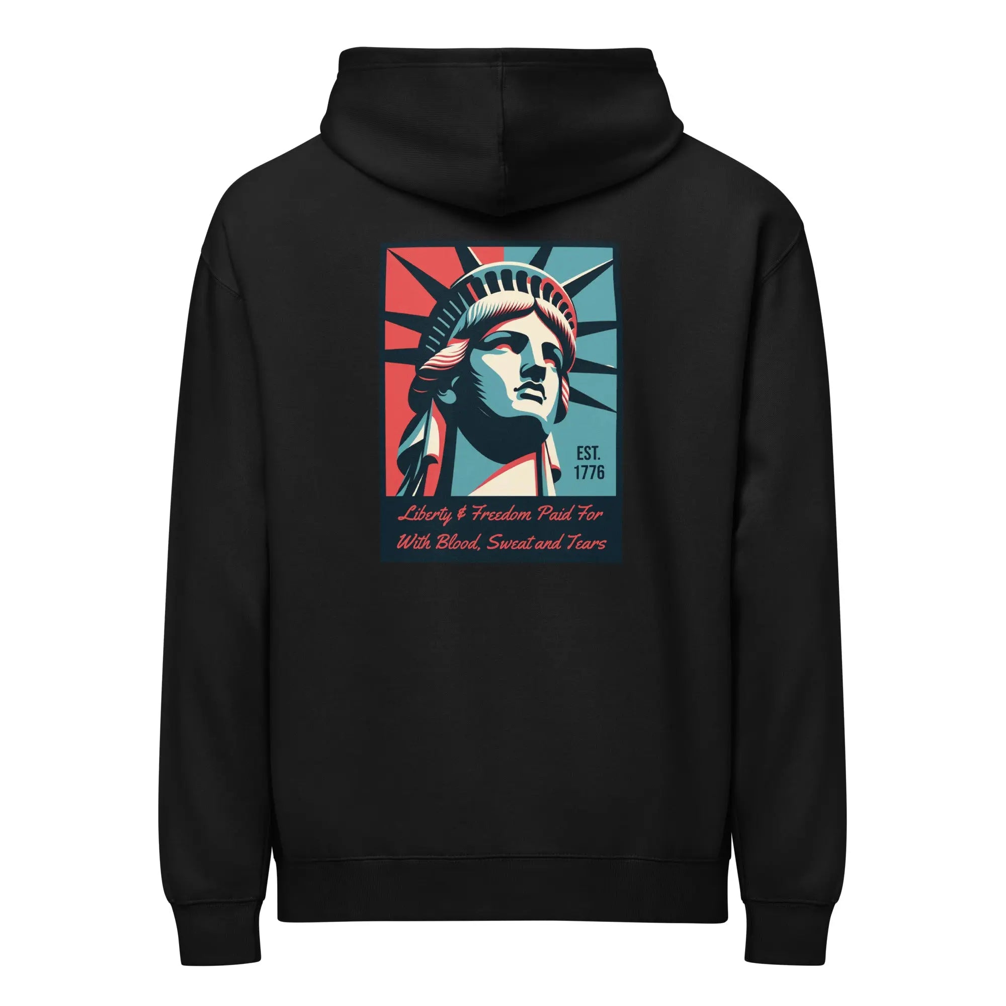 Back of men's black patriotic hoodie with Statue of Liberty with text below. 