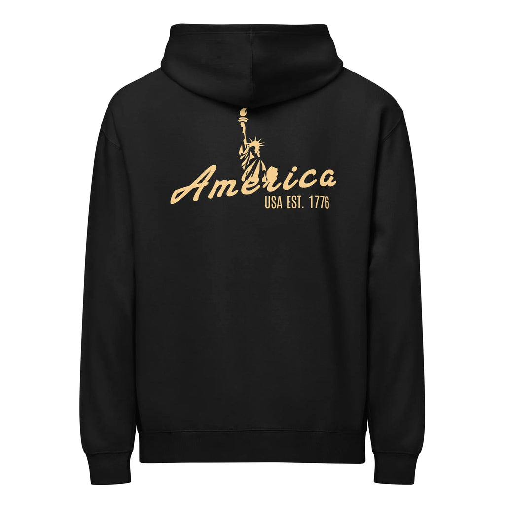 Back of men's black patriotic hoodie with statue of liberty and "America" text. 