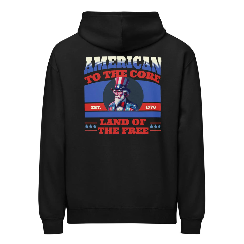 Men's black patriotic hoodie with uncle Sam and "land of the free" text 