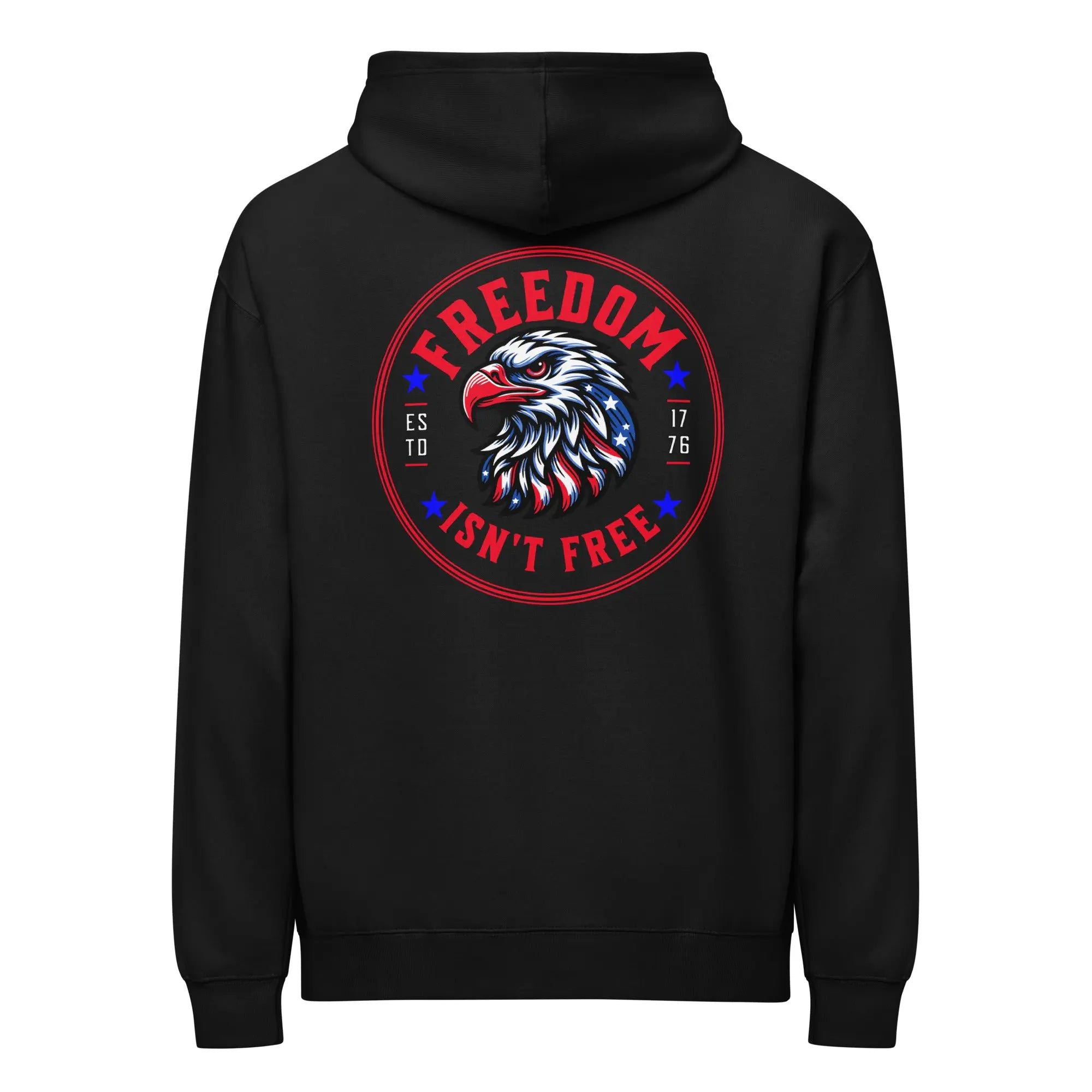 Back of men's black patriotic hoodie with an eagle head and "Freedom isn't free" text