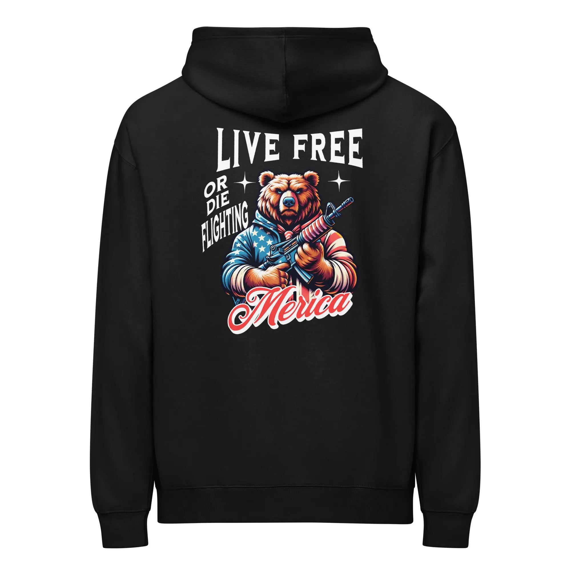 Back of men's black patriotic hoodie with a bear holding a gun and "live free or die fighting" text