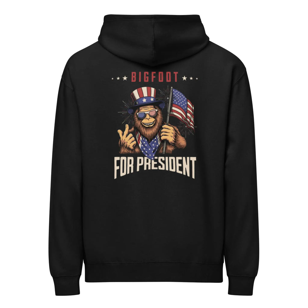 Back of men's black patriotic hoodie with Bigfoot and "Bigfoot for president" text
