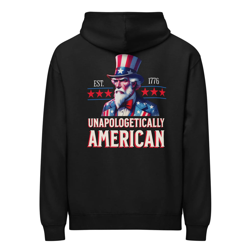 Back of men's black patriotic hoodie with uncle Sam and "Unapologetically American" text