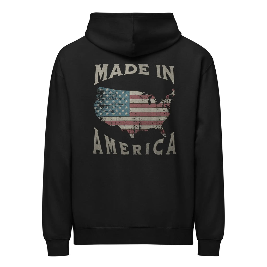 Back of men's black patriotic hoodie with a silhouette of an American and "Made in America" text