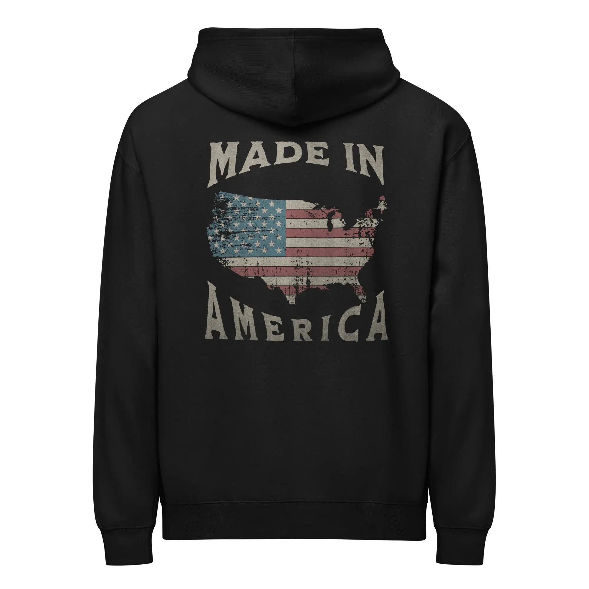 Back of men's black patriotic hoodie with a silhouette of an American and "Made in America" text
