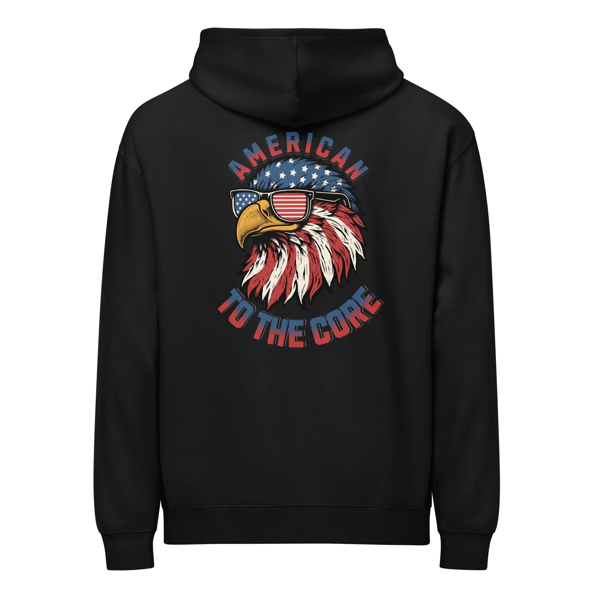 Back of men's black patriotic hoodie with an eagle head and "American to the core" text