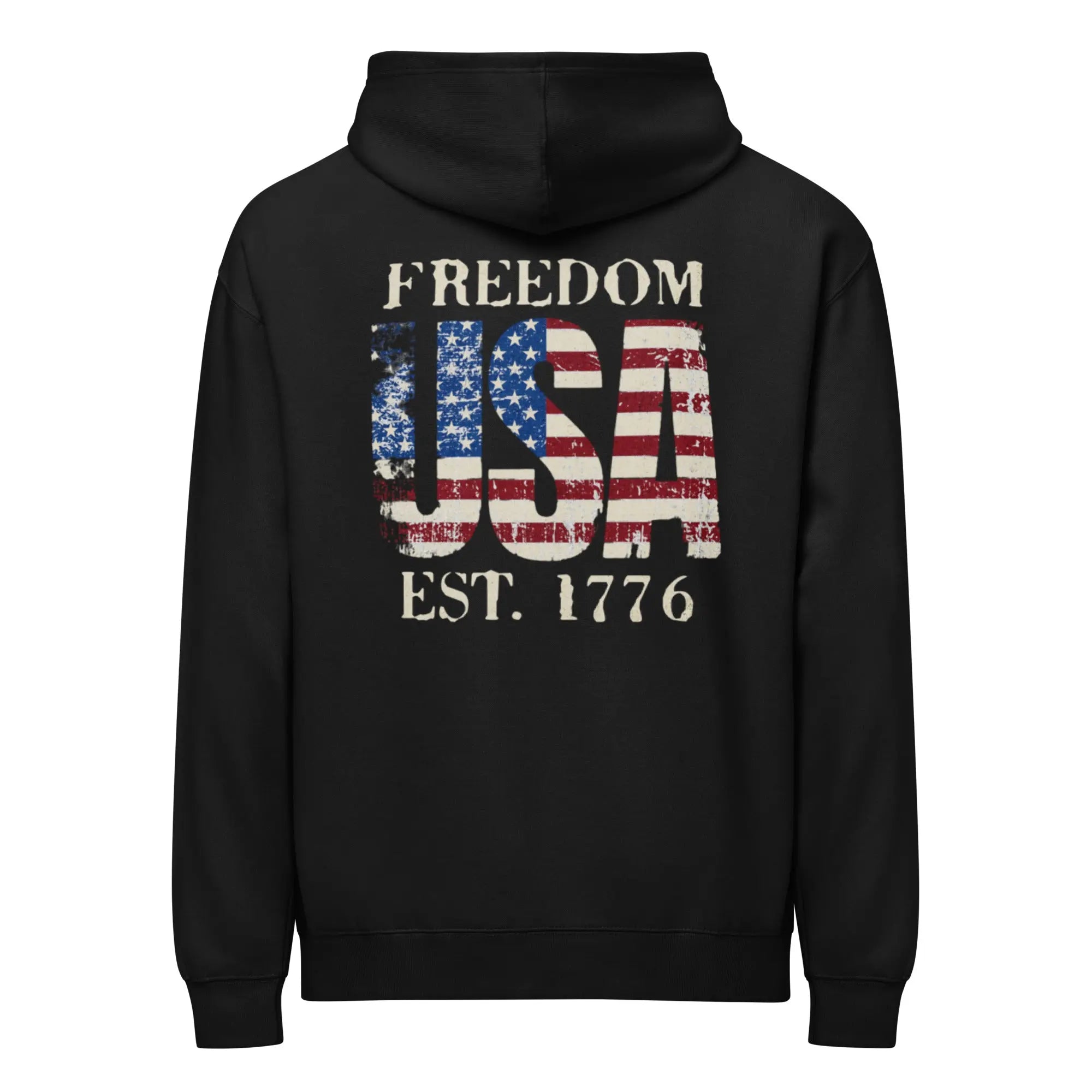 Back of men's black patriotic hoodie with an USA flag and "Freedom Est. 1776" text