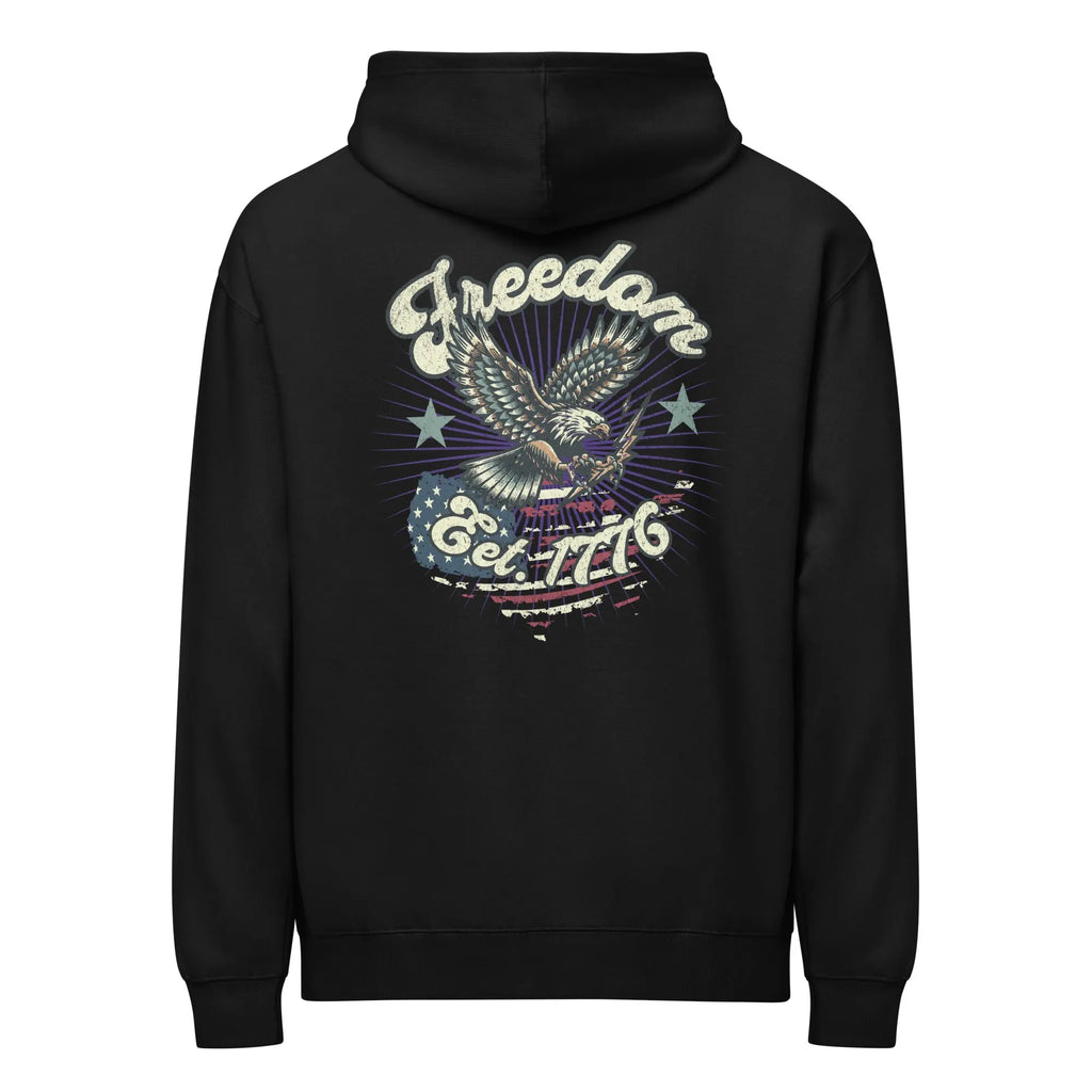 Back of men's black patriotic hoodie with an eagle over the flag and "Freedom Est. 1776" text