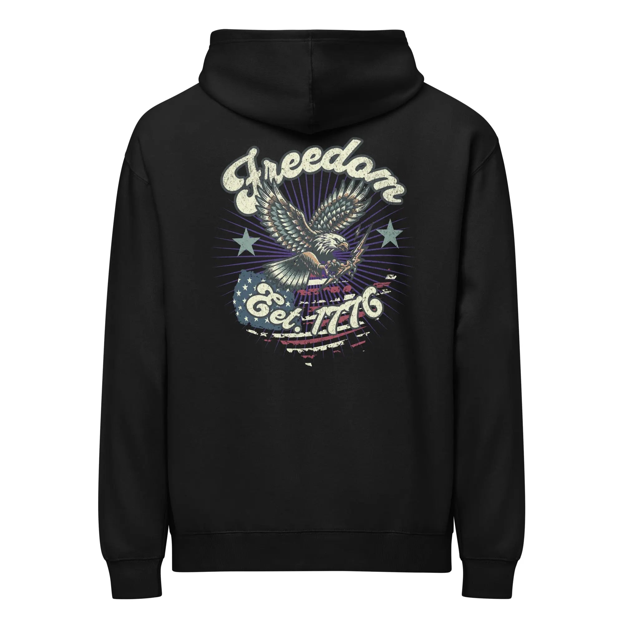Back of men's black patriotic hoodie with an eagle over the flag and "Freedom Est. 1776" text