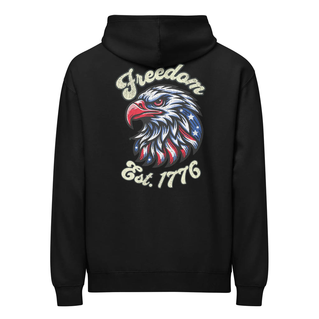 Back of man wearing a black patriotic hoodie with an eagle head and "Freedom Est. 1776" text.
