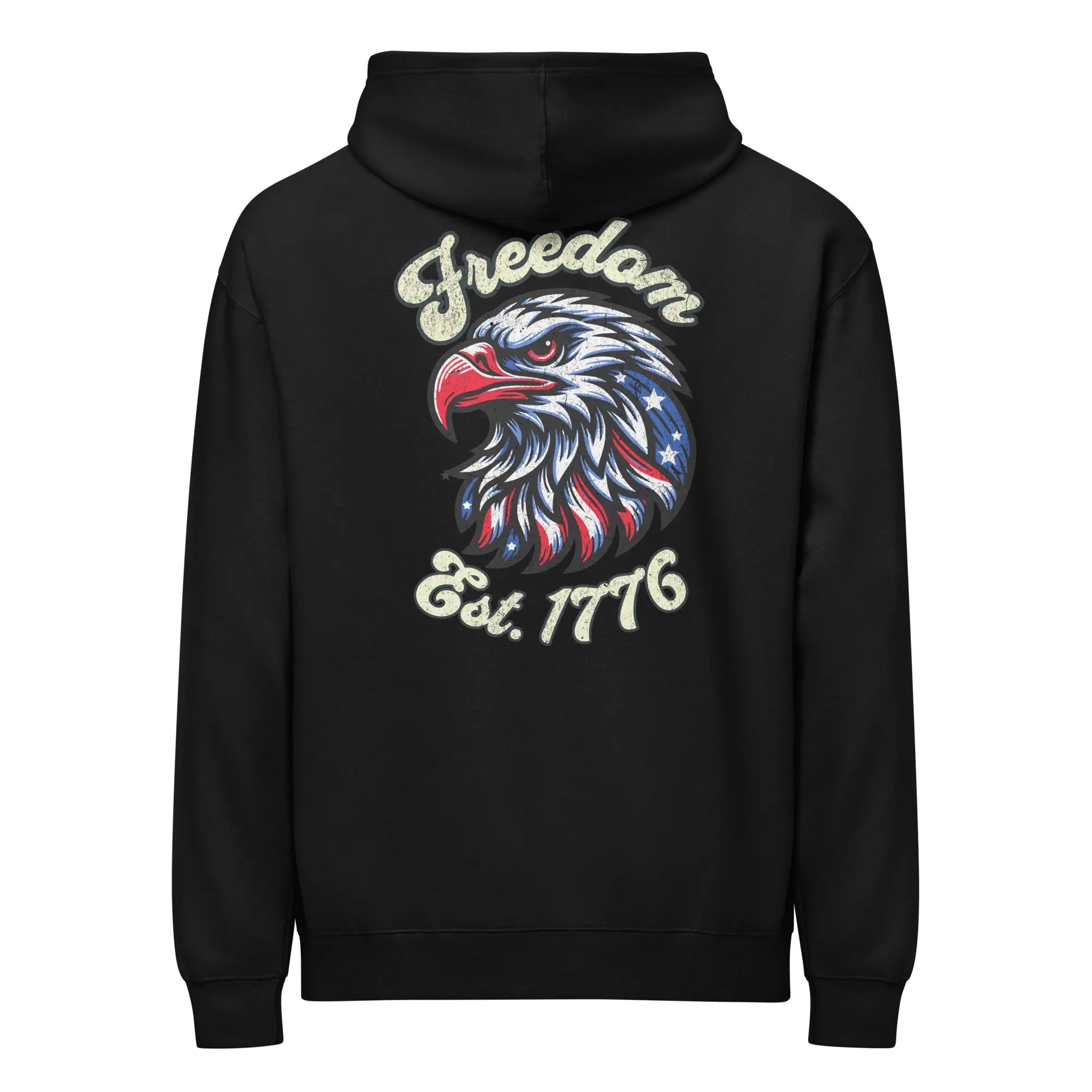 Back of man wearing a black patriotic hoodie with an eagle head and "Freedom Est. 1776" text.