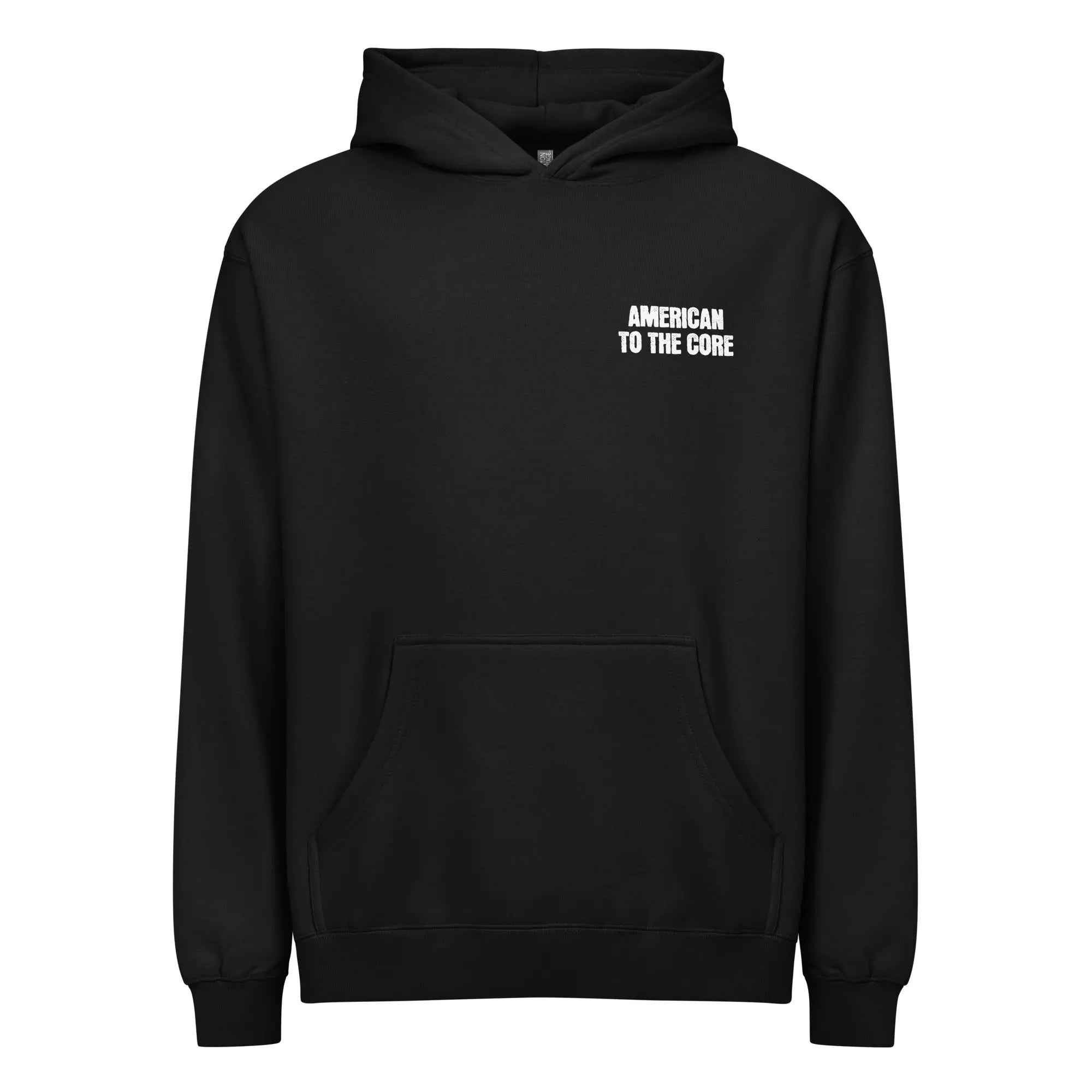 Men's black patriotic hoodie with the text "American to the core" 