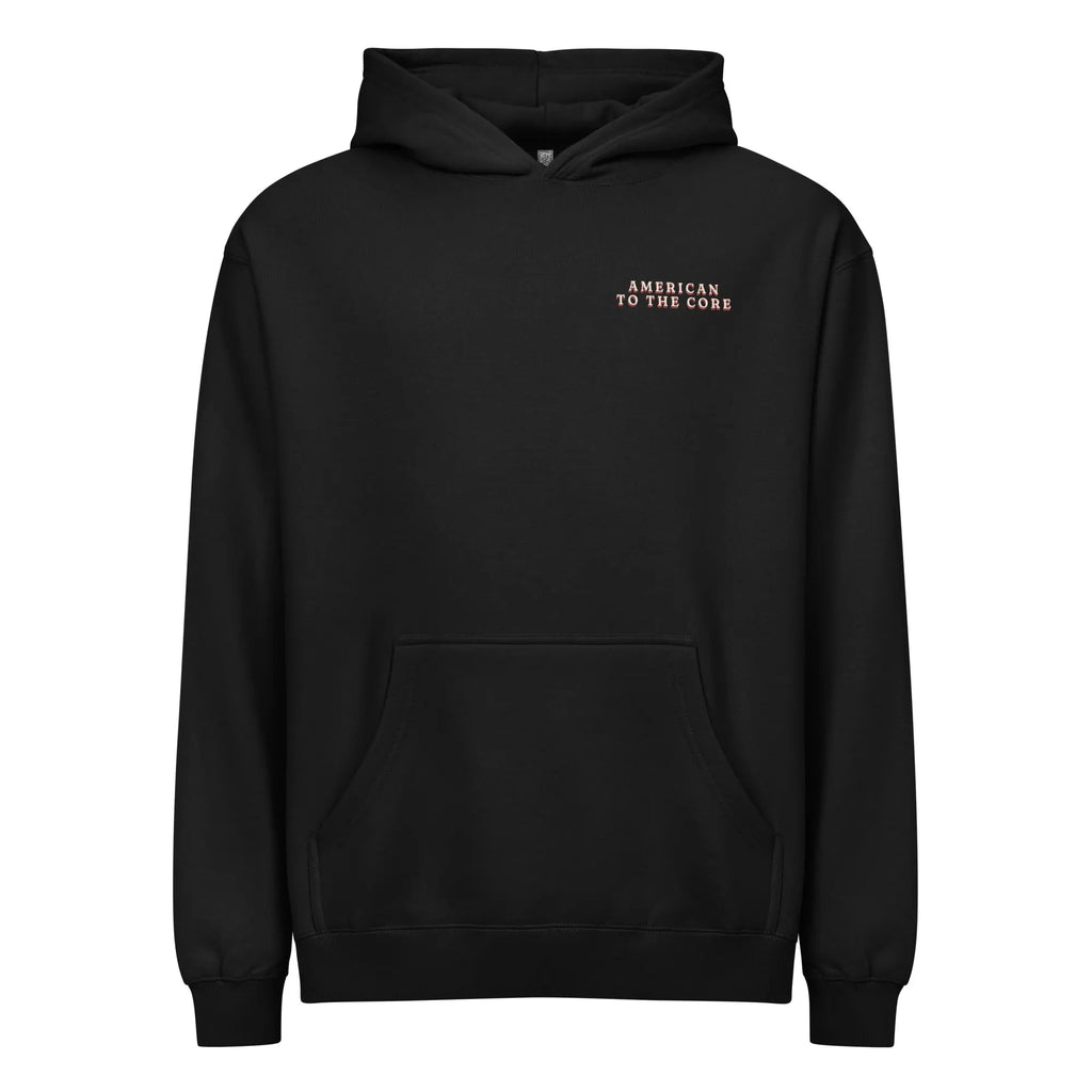 Men's black patriotic hoodie with the text "American to the core." 