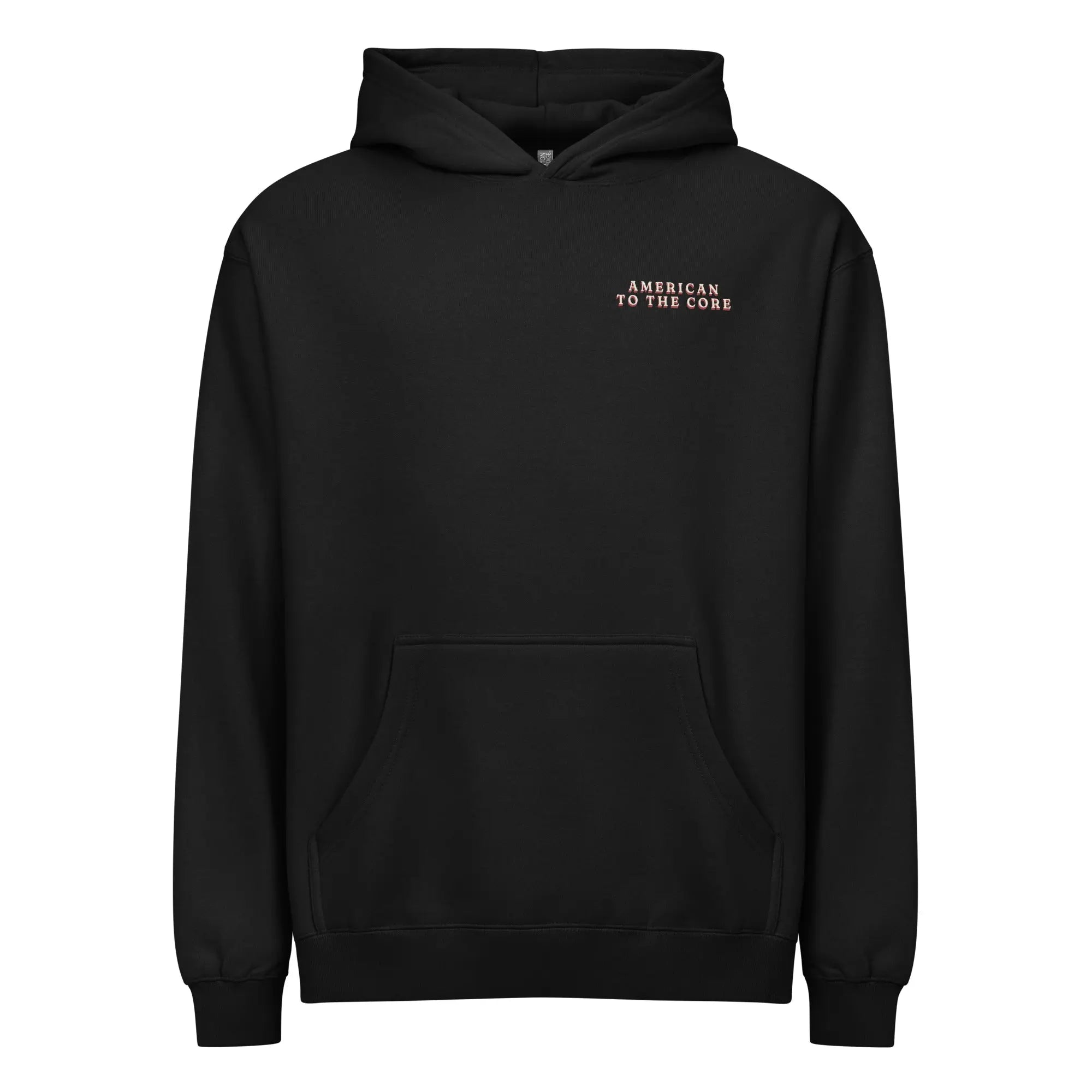 Men's black patriotic hoodie with the text "American to the core." 