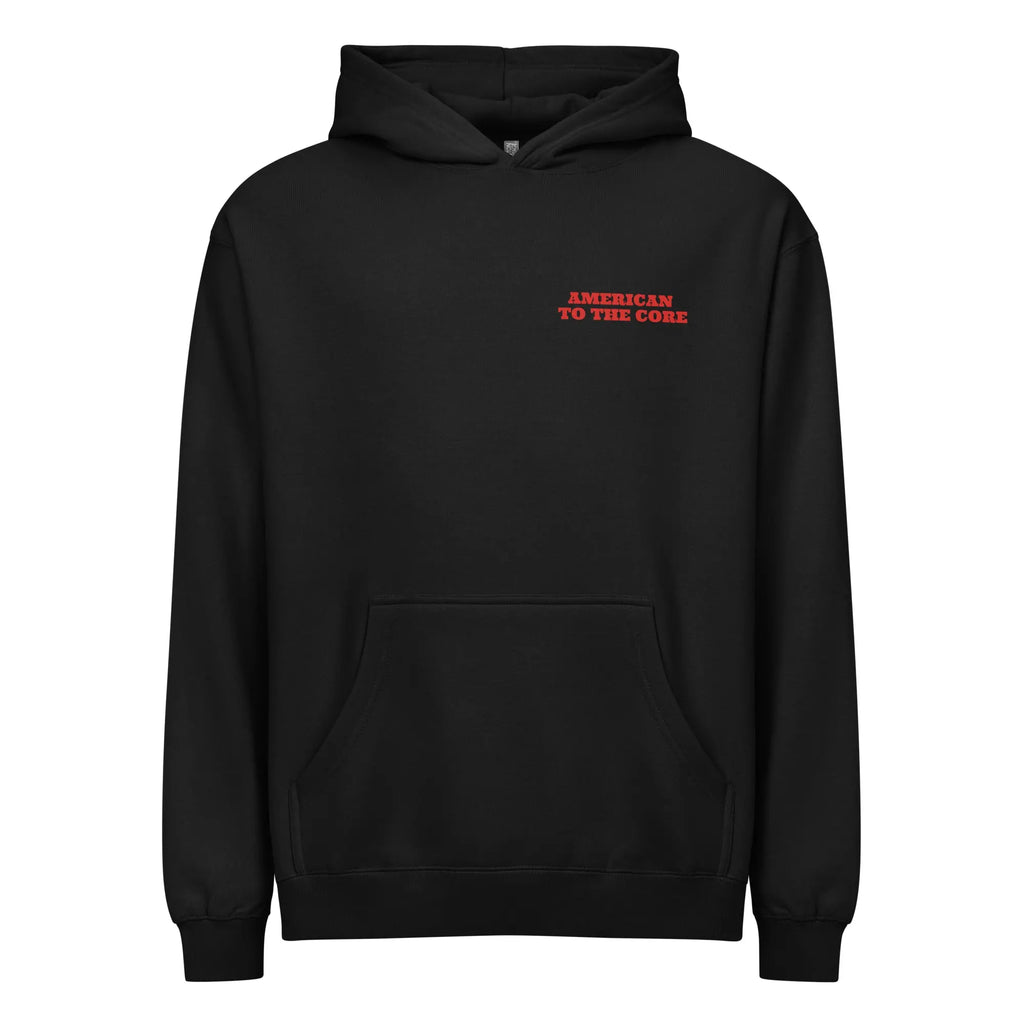 Men's black patriotic hoodie with red  "American to the core" text 