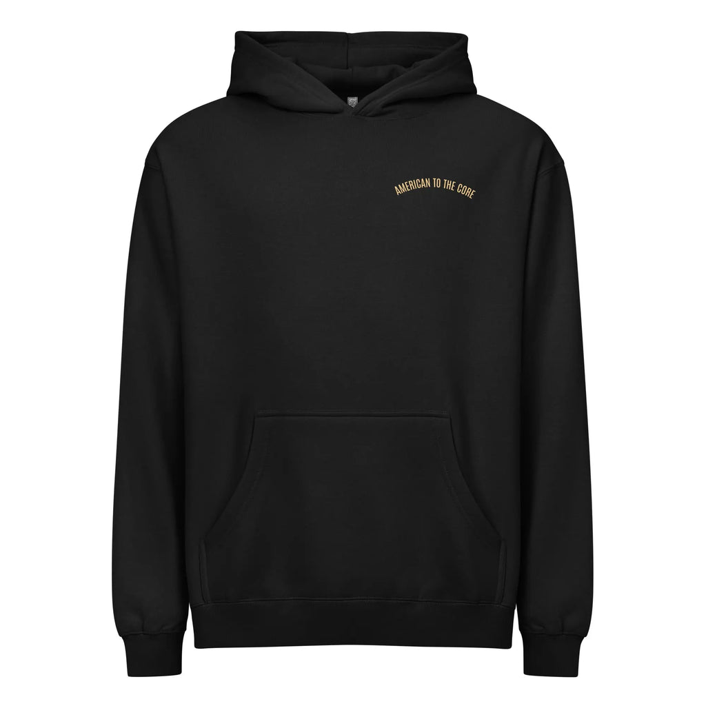 Men's black patriotic hoodie with "American to the core" text. 