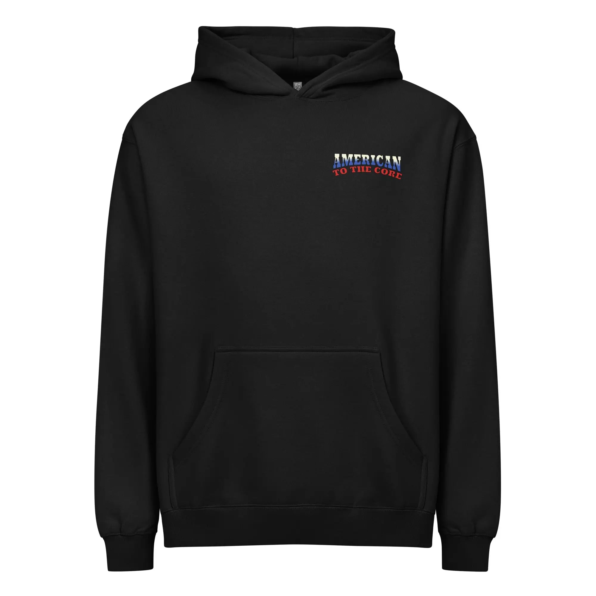 Men's black patriotic hoodie with "American to the core" text in Red, white and blue