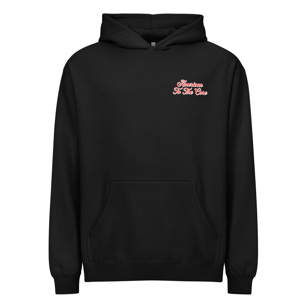 Men's black patriotic hoodie with "American to the core" text