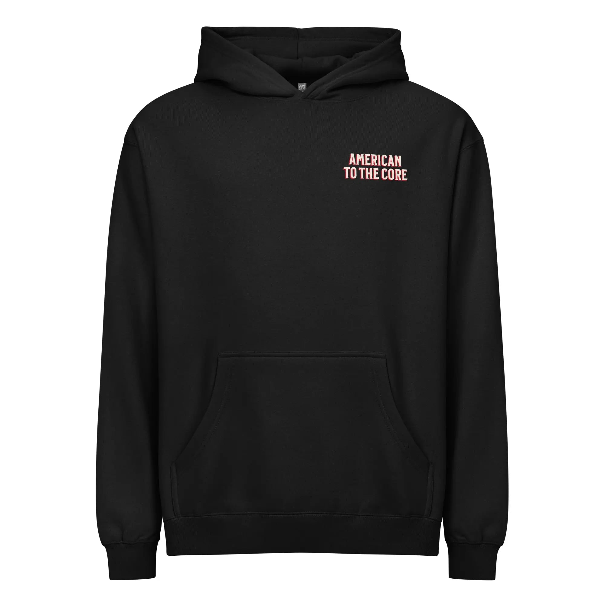 Men's black patriotic hoodie with "American to the core" text